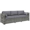 Outsunny 3 Seater Wicker Sofa with Side Trays, Outdoor Patio Couch with 6" Thick Back Cushions, Deep Seating, Mixed Gray