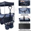 Collapsible Wagon Heavy Duty Folding Wagon Cart with Removable Canopy, 4" Wide Large All Terrain Wheels, Brake, Adjustable Handles